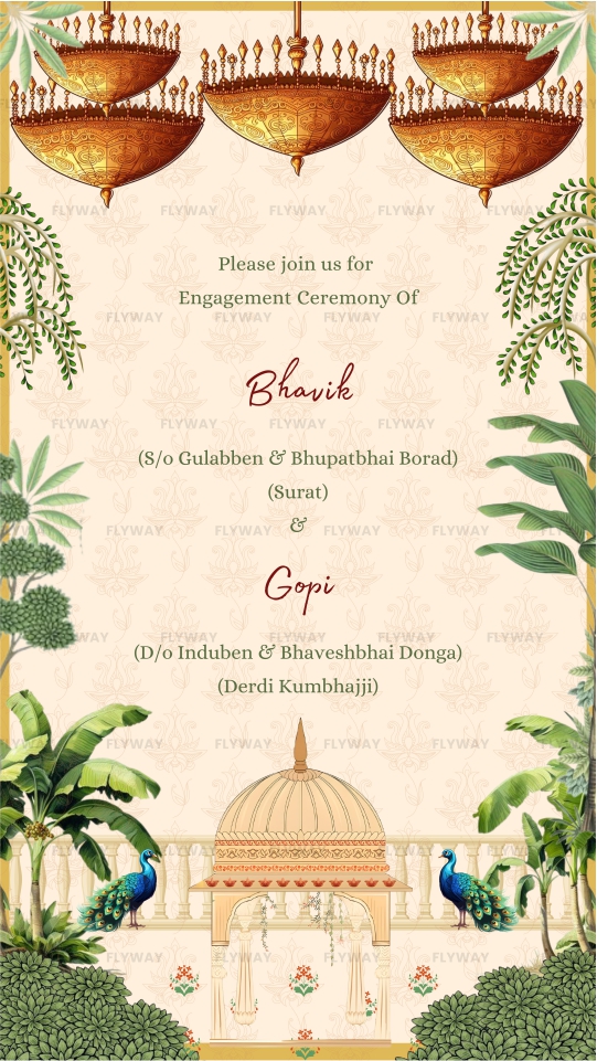 Invitation details slide with peacocks and Mughal dome