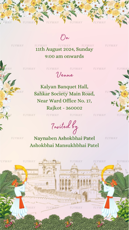 Engagement card with couple caricature and floral border in Rajasthani style