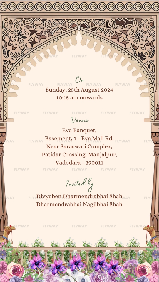 Rajasthani-themed engagement invite with venue details and camels