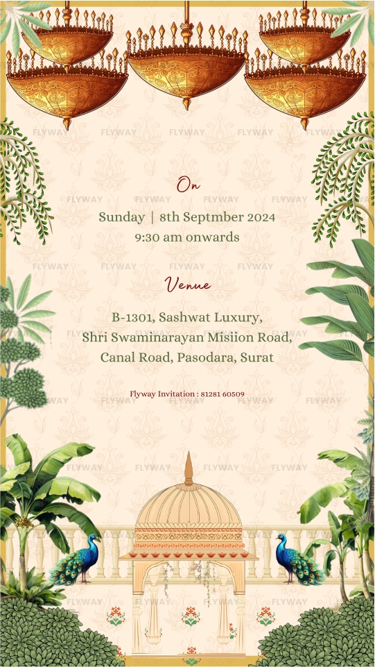 Event date and venue details with banana leaves and chandeliers