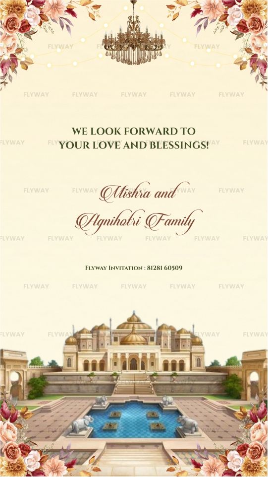 Engagement invite with venue details and floral palace design