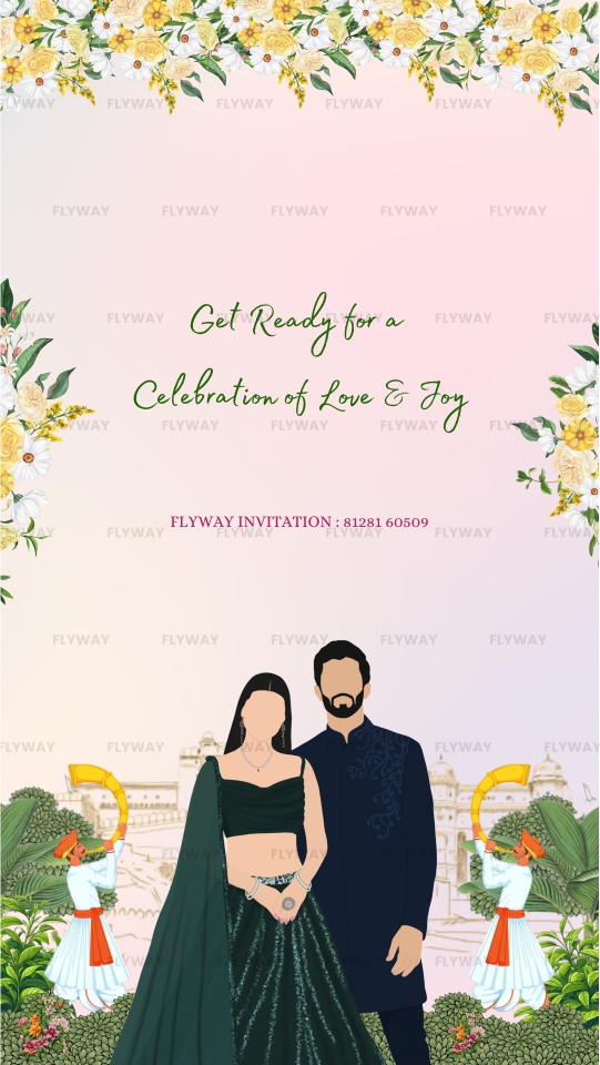 Engagement venue card with Rajasthani theme and floral artwork