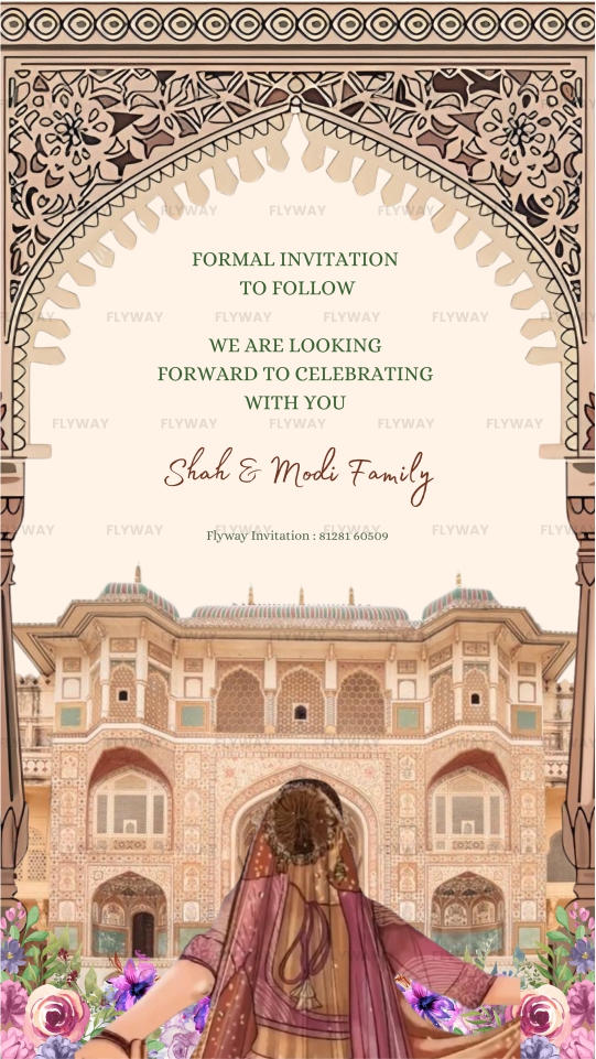 Royal palace digital engagement invite with bride illustration and floral base