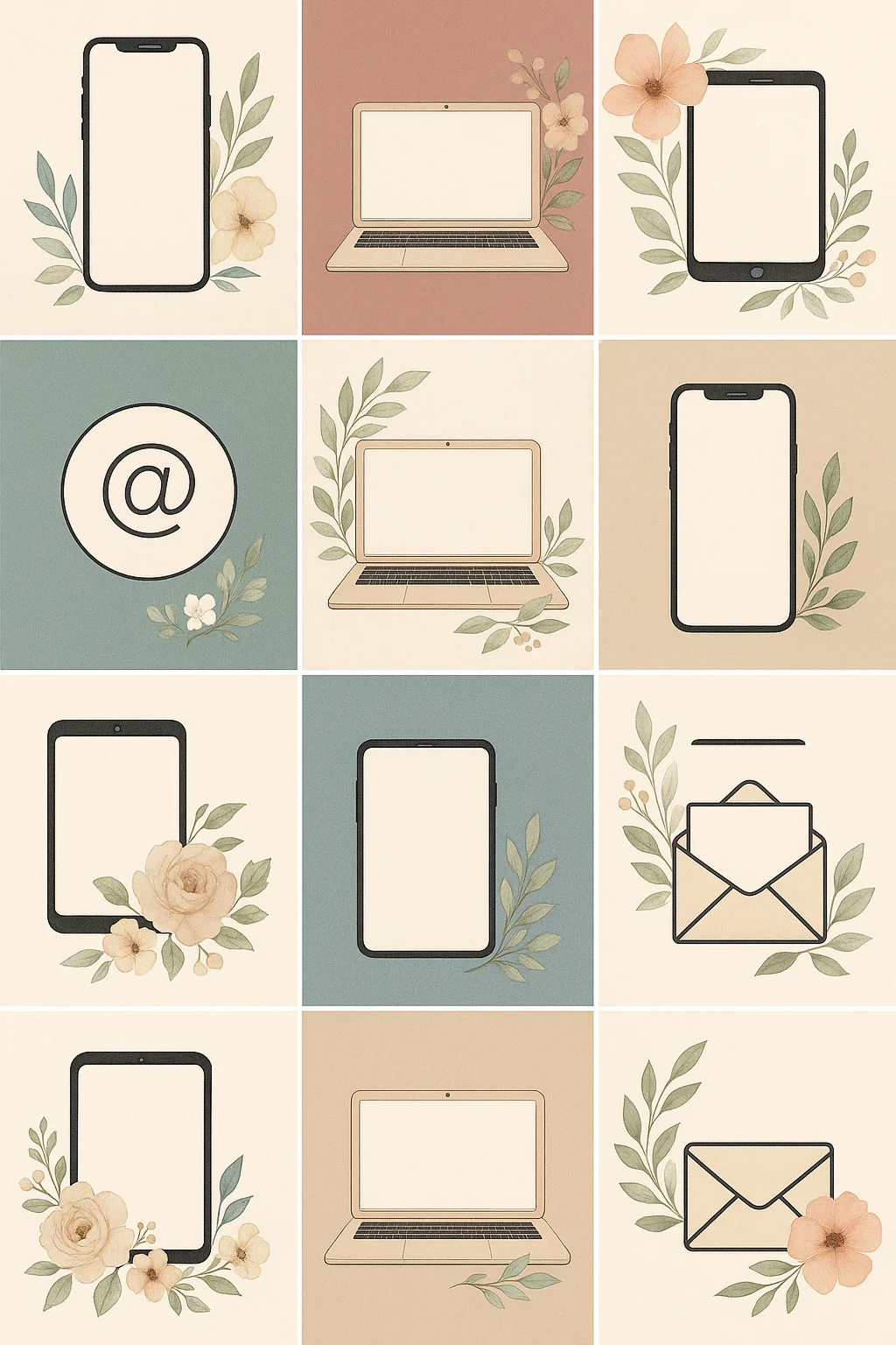 Icon-based digital invitations with phones, laptops, and florals