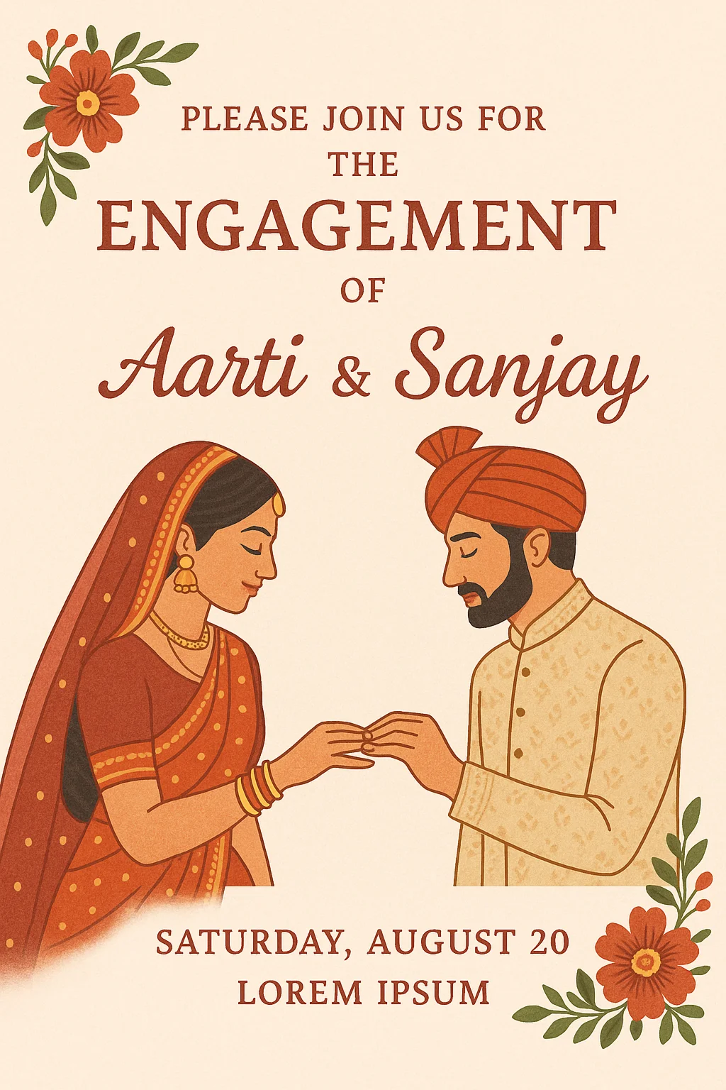 Indian engagement invite with couple exchanging rings