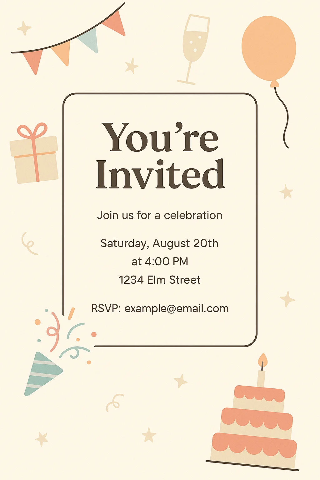 Party-themed digital invitation with balloons and cake