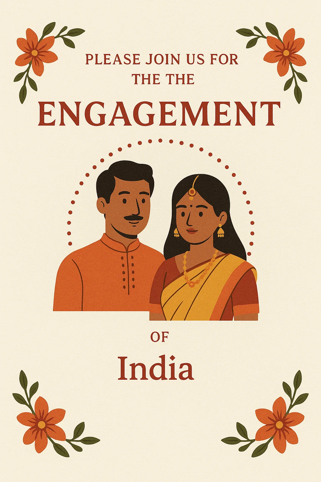 Traditional Indian engagement invite with cartoon couple